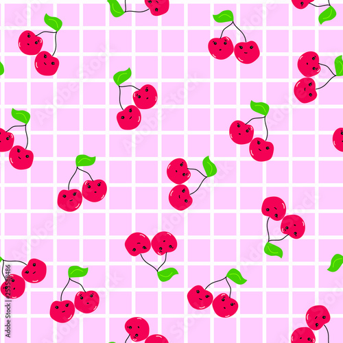 Kawaii Cherry Pattern on Pink Grid Background Seamless Repeating Background