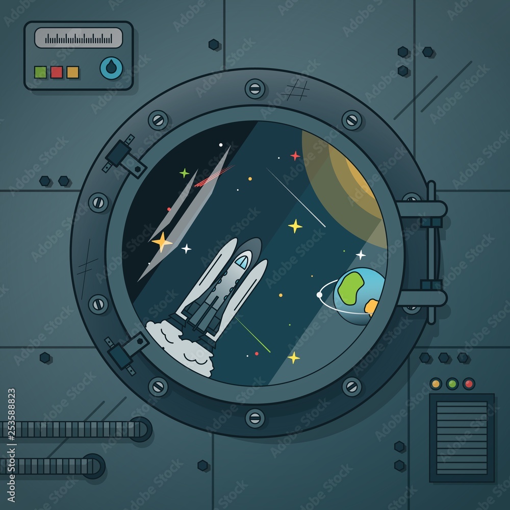 Fototapeta premium The interior of a spaceship with a porthole and various instruments. Through the porthole opens onto the open space.