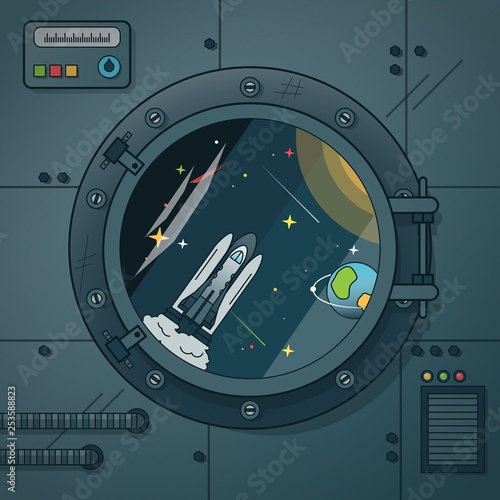The interior of a spaceship with a porthole and various instruments. Through the porthole opens onto the open space.