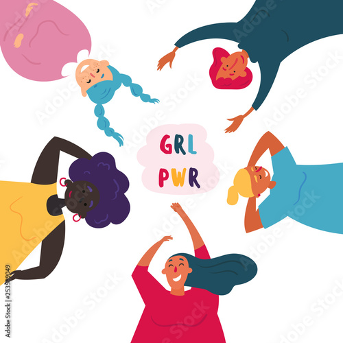 Diverse international and interracial group of women in circle. For girls power concept, feminine and feminism ideas, woman empowerment and role cards. Redhead, black and white. Motivational poster