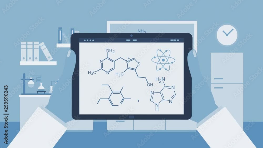 scientist holding a tablet pc with a chemistry app, chemical research laboratory on background, concept of science and technology scientist holding a tablet pc with a chemistry app, chemical research laboratory on background, concept of science and technology