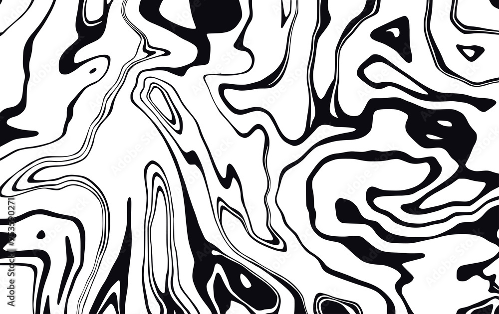 Marble texture. Dynamic liquid pattern in black and white. Wavy lines. Vector marble background for your design project.
