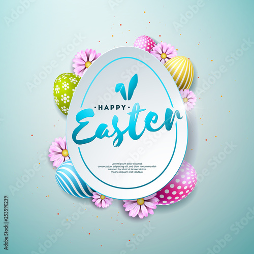 Vector Illustration of Happy Easter Holiday with Painted and Spring Flower on Shiny Blue Background. International Celebration Design with Typography for Greeting Card, Party Invitation or Promo