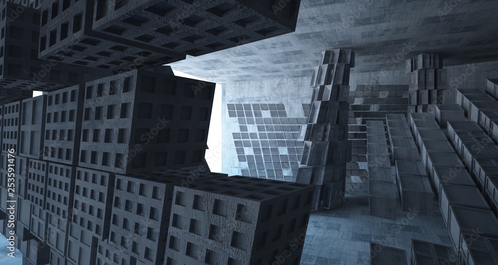Fototapeta premium Abstract white and concrete parametric interior with window. 3D illustration and rendering.