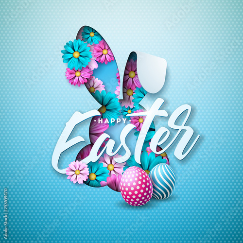 Happy Easter Holiday Design with Painted Egg, Spring Flower in Nice Rabbit Face Silhouette on Light Blue Background. Vector Illustration of International Celebration Design with Typography Letter for