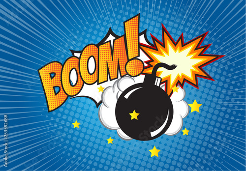 Bomb in pop art style and comic speech bubble with text - BOOM! Cartoon dynamite at background with dots halftone and sunburst.