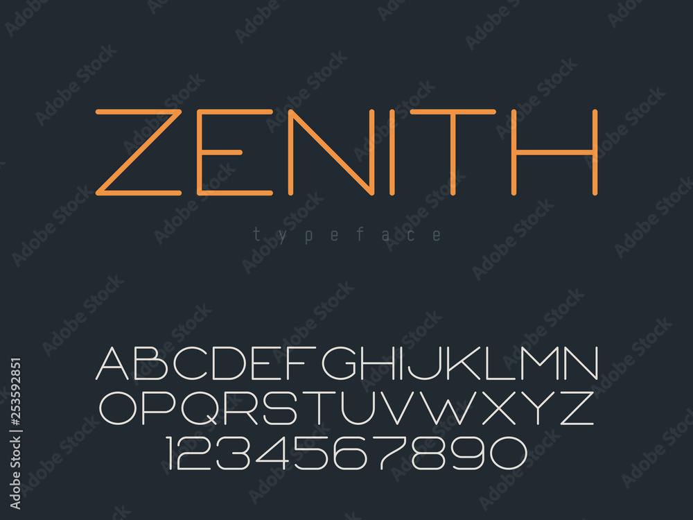 Fototapeta premium Vector thin line uppercase font. Latin alphabet letters and numbers