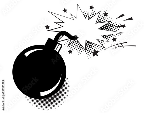 Bomb in pop art style and comic speech bubble with text - BOOM! Cartoon dynamite at background with dots halftone and sunburst.