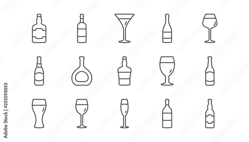Bottles line icons. Beer drinks, Wine glass and Whiskey bottle. Champagne linear icon set. Vector Bottles line icons. Beer drinks, Wine glass and Whiskey bottle. Champagne linear icon set. Vector