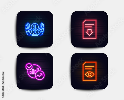 Free Download Neon glow lights. Set of Statistics, Download file and Laureate award icons. View document sign. Report charts, Load document, Prize. Open file.  Neon icons. Glowing light banners. Vector - GFXLoad
