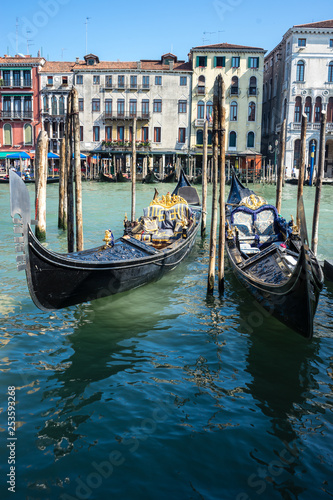 The gondolas parked along the grand canal Venice Design in Venice, Italy