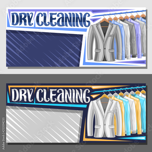 Vector banners for Dry Cleaning with copy space, blue leaflet with illustration of blazers and colorful shirts hanging on hanger, brush typeface for words dry cleaning on gray abstract background.