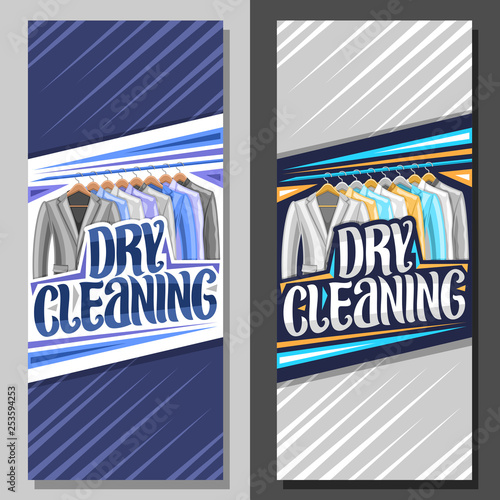Vector banners for Dry Cleaning, blue leaflet with illustration of modern blazers and colorful shirts hanging on hanger, original brush lettering for words dry cleaning on gray abstract background.