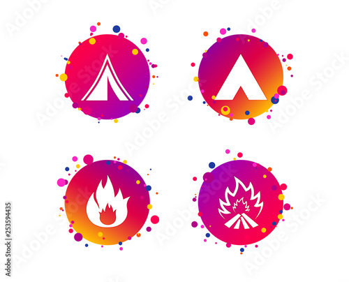Tourist camping tent icons. Fire flame sign symbols. Gradient circle buttons with icons. Random dots design. Vector