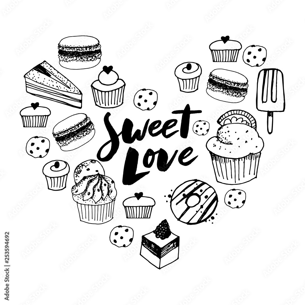 Sketch set of dessert. Pastry sweets collection Hand drawn vector illustration. Retro style.