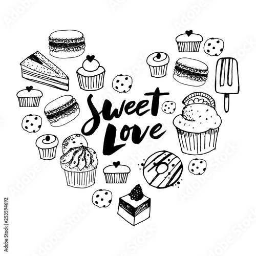 Sketch set of dessert. Pastry sweets collection Hand drawn vector illustration. Retro style.