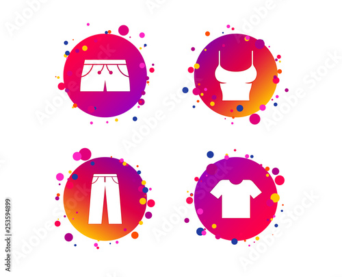 Clothes icons. T-shirt and pants with shorts signs. Swimming trunks symbol. Gradient circle buttons with icons. Random dots design. Vector