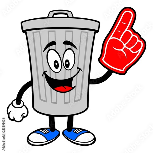 Trash Can Mascot with a Foam Finger - A vector cartoon illustration of a aluminum Trash Can mascot with a Foam Hand.