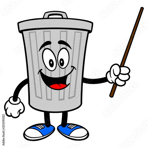 Trash Can Mascot with a Pointer - A vector cartoon illustration of a aluminum Trash Can mascot with a Pointer stick.