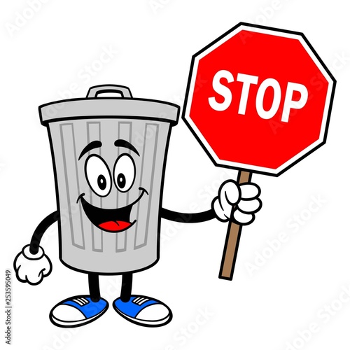 Trash Can Mascot with a Stop Sign - A vector cartoon illustration of a aluminum Trash Can mascot holding a Stop Sign.