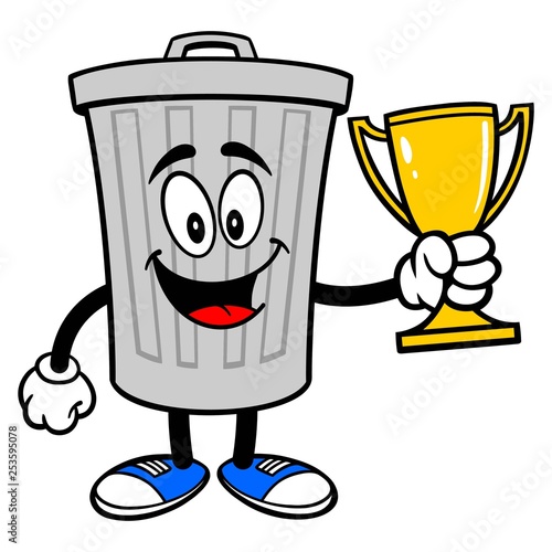 Trash Can Mascot with a Trophy - A vector cartoon illustration of a aluminum Trash Can mascot holding a Trophy.