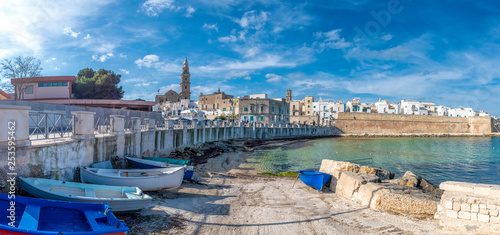 Panorama of Monopoli harbor in the Metropolitan City of Bari and region of Apulia ( Puglia ) , Italy and beautiful cathedral Basilica Concattedrale Maria Santissima della Madia