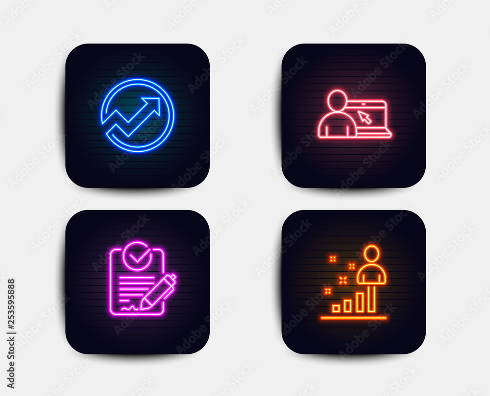 Neon glow lights. Set of Online education, Rfp and Audit icons. Stats sign. Internet lectures, Request for proposal, Arrow graph. Business analysis.  Neon icons. Glowing light banners. Vector