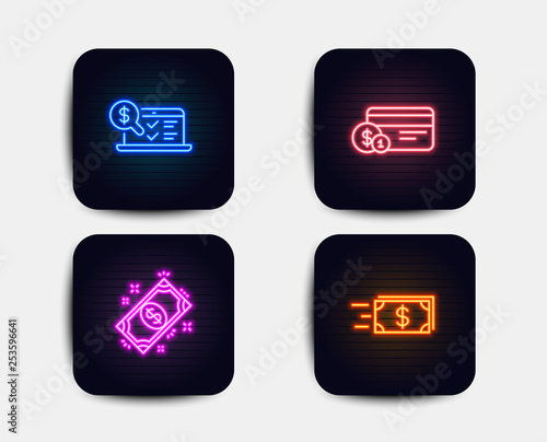 Neon glow lights. Set of Payment, Payment method and Online accounting icons. Money transfer sign. Finance, Web audit, Cash delivery.  Neon icons. Glowing light banners. Vector