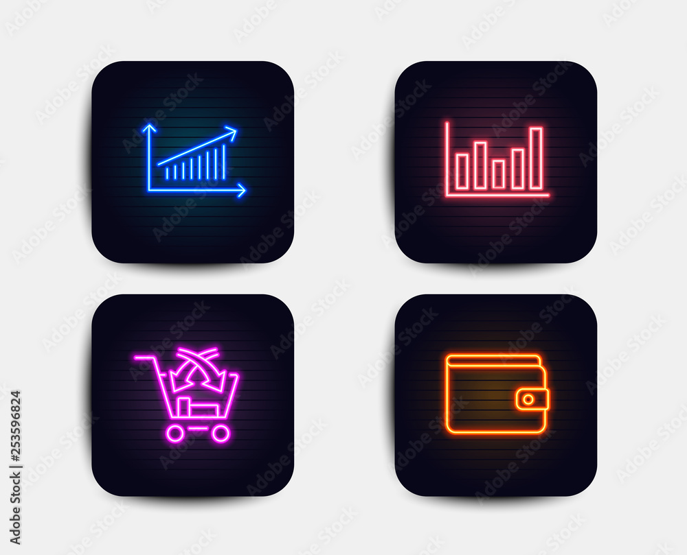 Neon glow lights. Set of Column chart, Cross sell and Chart icons. Money wallet sign. Financial graph, Market retail, Payment method. Neon icons. Glowing light banners. Vector Neon glow lights. Set of Column chart, Cross sell and Chart icons. Money wallet sign. Financial graph, Market retail, Payment method. Neon icons. Glowing light banners. Vector