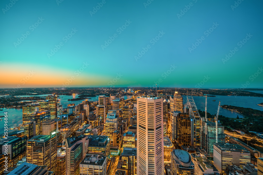 Fototapeta premium Sydney Australia aerial view from Sydney Tower after sunset with illuminated skyscrapers