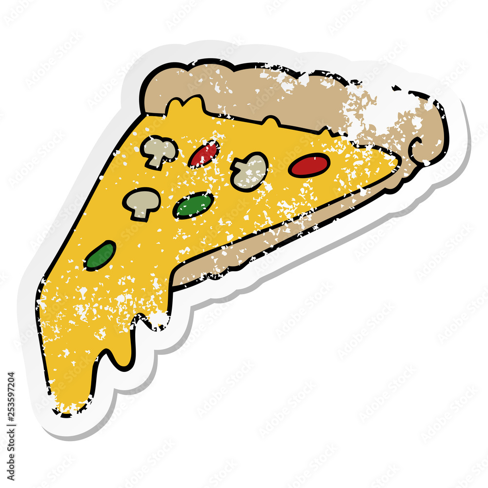 distressed sticker of a cartoon pizza slice