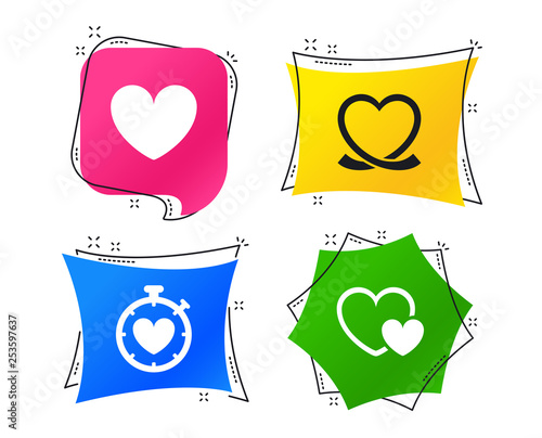 Heart ribbon icon. Timer stopwatch symbol. Love and Heartbeat palpitation signs. Geometric colorful tags. Banners with flat icons. Trendy design. Vector