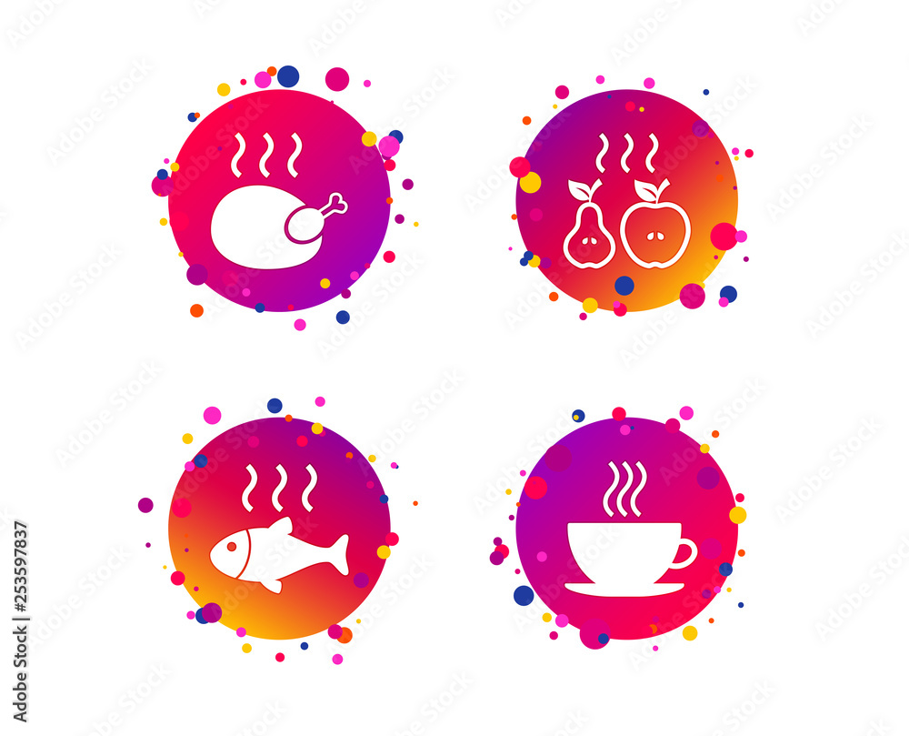 Hot food icons. Grill chicken and fish symbols. Hot coffee cup sign. Cook or fry apple and pear fruits. Gradient circle buttons with icons. Random dots design. Vector Hot food icons. Grill chicken and fish symbols. Hot coffee cup sign. Cook or fry apple and pear fruits. Gradient circle buttons with icons. Random dots design. Vector