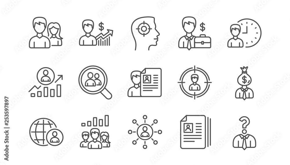 Human resources icons. Head Hunting, Job center and User. Interview linear icon set.  Vector