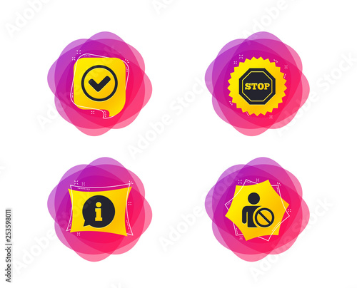 Information icons. Stop prohibition and user blacklist signs. Approved check mark symbol. Geometric gradient sales shapes. Creative banners. Template for design. Vector
