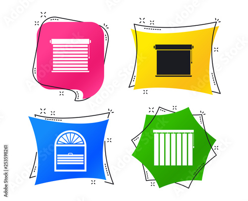 Louvers icons. Plisse, rolls, vertical and horizontal. Window blinds or jalousie symbols. Geometric colorful tags. Banners with flat icons. Trendy design. Vector
