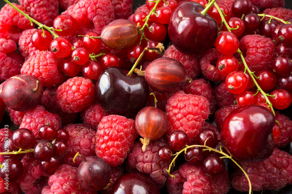 Background of raspberries, red currants and cherries. Fresh berries closeup. Top view. Background of red berries. Various fresh summer fruits. Red raspberries. Background of raspberries, red currants and cherries. Fresh berries closeup. Top view. Background of red berries. Various fresh summer fruits. Red raspberries.