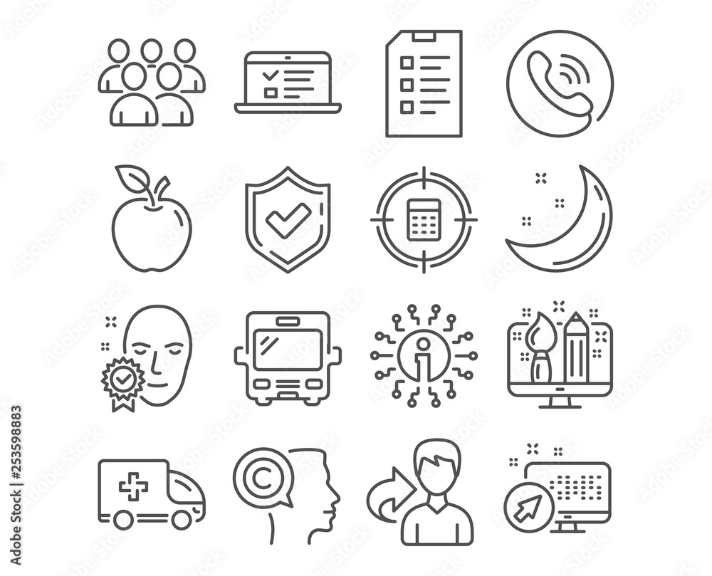 Set of Face verified, Group and Creative design icons. Ambulance emergency, Writer and Bus signs. Web lectures, Calculator target and Checklist symbols. Access granted, Developers, Designer. Vector Set of Face verified, Group and Creative design icons. Ambulance emergency, Writer and Bus signs. Web lectures, Calculator target and Checklist symbols. Access granted, Developers, Designer. Vector