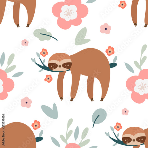 Cute cartoon sloth seamless pattern. Sloth, flowers, and leaves vector illustration.