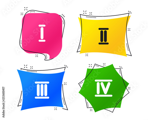 Roman numeral icons. 1, 2, 3 and 4 digit characters. Ancient Rome numeric system. Geometric colorful tags. Banners with flat icons. Trendy design. Vector