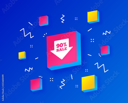 90% sale arrow tag sign icon. Discount symbol. Special offer label. Isometric cubes with geometric shapes. Creative shopping banners. Template for design. Vector