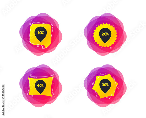 Sale pointer tag icons. Discount special offer symbols. 10%, 20%, 30% and 40% percent discount signs. Geometric gradient sales shapes. Creative banners. Template for design. Vector