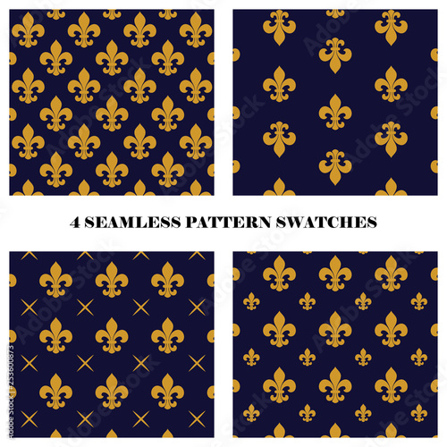 Vector set of 4 fluer de lis seamless repeat pattern swatches in dark blue and yellow colors. Textile design.