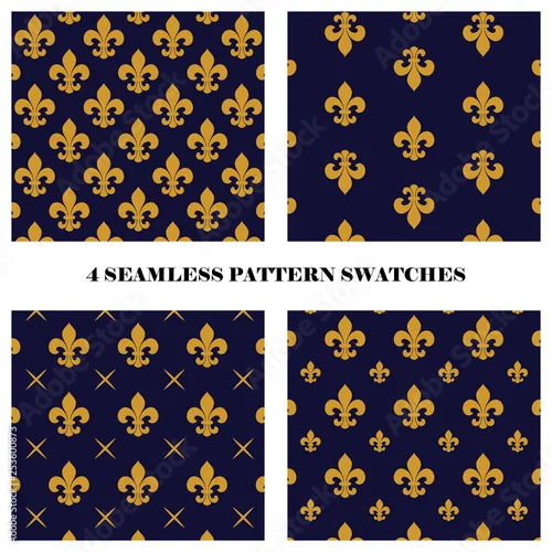 Tapety Vector set of 4 fluer de lis seamless repeat pattern swatches in dark blue and yellow colors. Textile design.