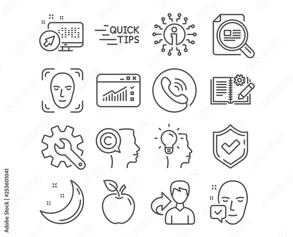 Set of Education, Face detection and Customisation icons. Check article, Engineering documentation and Idea signs. Writer, Web traffic and Face accepted symbols. Quick tips, Detect person, Settings