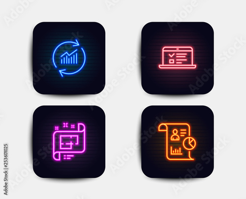Neon glow lights. Set of Update data, Architectural plan and Web lectures icons. Report sign. Sales statistics, Technical project, Online test. Work statistics.  Neon icons. Glowing light banners