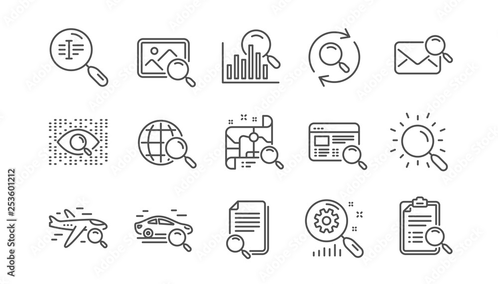 Search line icons. Indexation, Artificial intelligence and Car rental. Search images linear icon set.  Vector