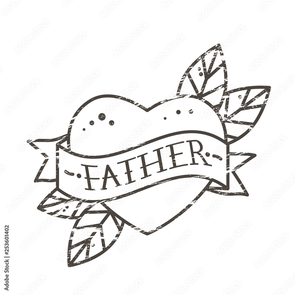 Heart with ribbon and inscription Father. Greeting retro postcard element for father's day. vintage tattoo. flat vector illustration Heart with ribbon and inscription Father. Greeting retro postcard element for father's day. vintage tattoo. flat vector illustration