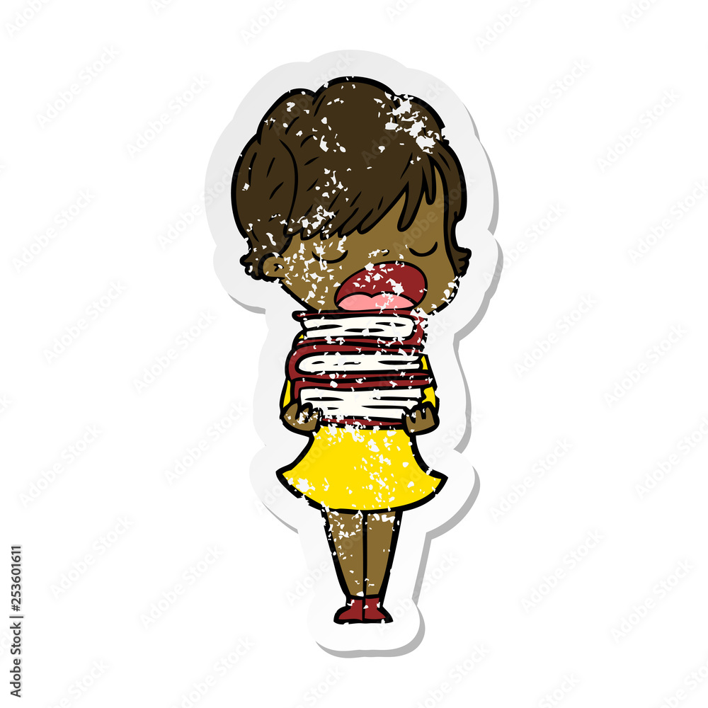 distressed sticker of a cartoon woman talking distressed sticker of a cartoon woman talking