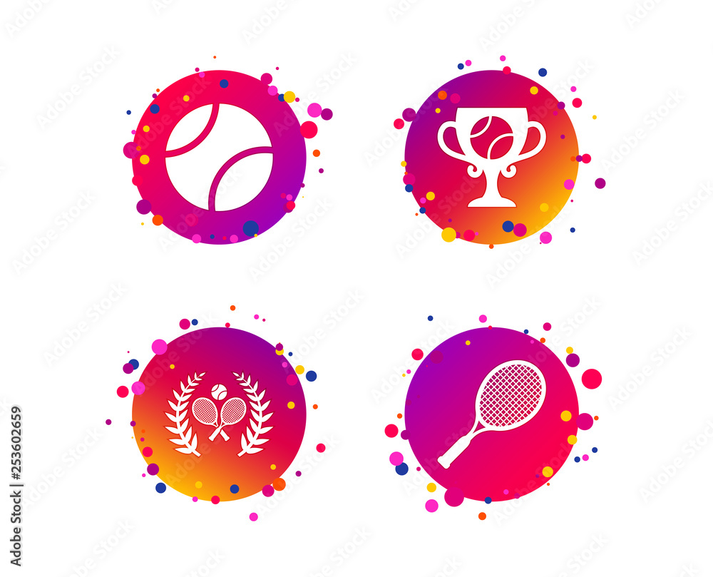 Tennis ball and rackets icons. Winner cup sign. Sport laurel wreath winner award symbol. Gradient circle buttons with icons. Random dots design. Vector Tennis ball and rackets icons. Winner cup sign. Sport laurel wreath winner award symbol. Gradient circle buttons with icons. Random dots design. Vector